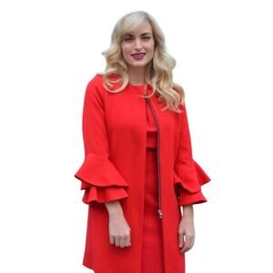 Belle Vere Size Small Ruffle Sleeve Red Zipper Long Jacket Coat Lined Work NYC